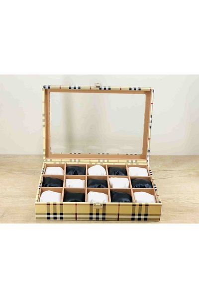 Kelepir Fırsatlar Burberrys Plaid Pattern 15 Pieces Large Size Soft Padded Jewelry Necklace Glass Cover Watch Box