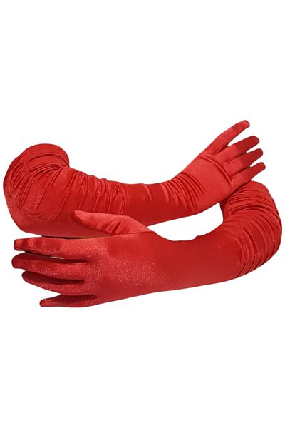 Samur Brand: Red Color Extra Luxury Shiny Long Size Satin Gloves