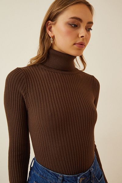Happiness İstanbul Brauner hochgeschnittener gerippter Lycra-Pullover für Damen DD01007