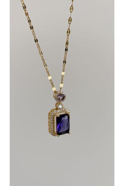 Âlâ Atelier Kararmaz Solmaz Zirkon Dikdörtgen Taşlı Çelik Kolye Gold