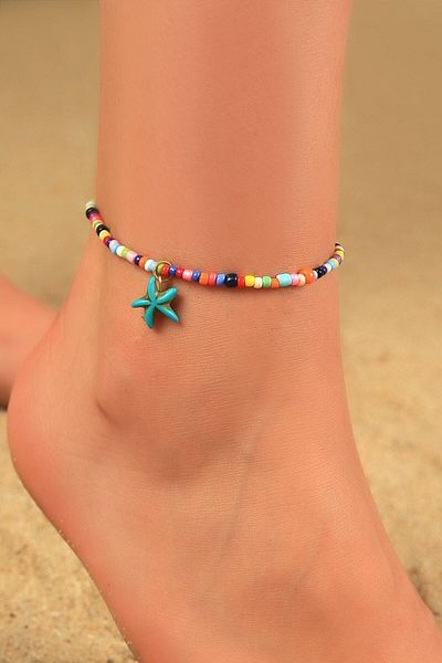 fullcontrol Women's Mixed Color Bead Turquoise Sea Star Anklet