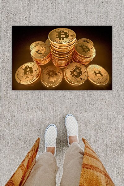 Dormot Home Covoraș decorativ pentru ușă din aur Bitcoin cu imprimare digitală