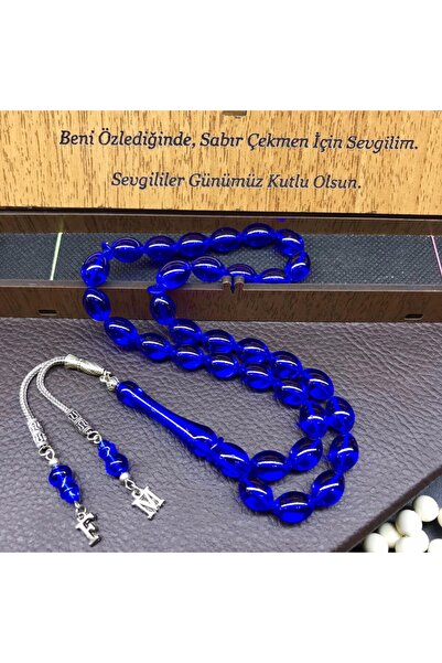 KANUNİ TESBİH Sevgililer Gününe Özel Ahşap Kutulu Mavi Toz Kehribar Tesbih