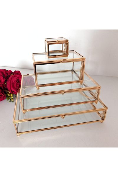 Gelincimherşey Four Size Footed Glass Box with Gold Rectangular Lid