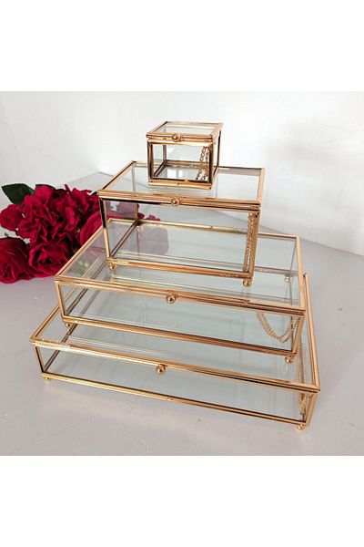 Gelincimherşey Four Size Footed Glass Box with Gold Rectangular Lid