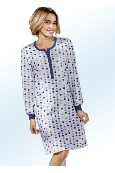 Nur Aka by Nurteks Navy Blue Polka Dot Patterned Long Sleeve Cotton Nightgown