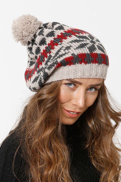 Vemod 67 Jacquard Pompom Knitwear Knitted Beret - Stone