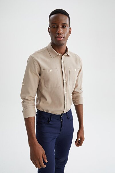 DeFacto Cămașă din bumbac 100%, cu mânecă lungă, cu decolteu polo modern