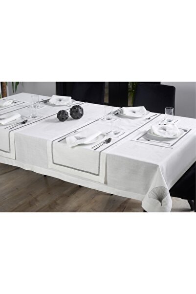 caka home design 17 PARÇA MASA ÖRTÜSÜ SETİ İRİS NAKIŞLI  KETEN EFEKTLİ ( SİLV...
