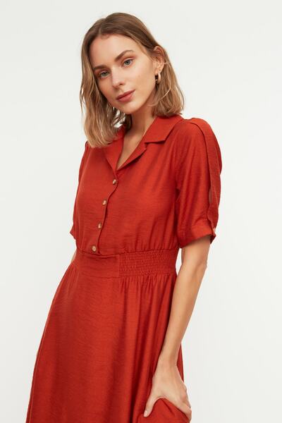 Trendyol Collection Narancssárga A-vonalú inggallér, Guiped Midi szőtt ruha TWOSS21EL1023