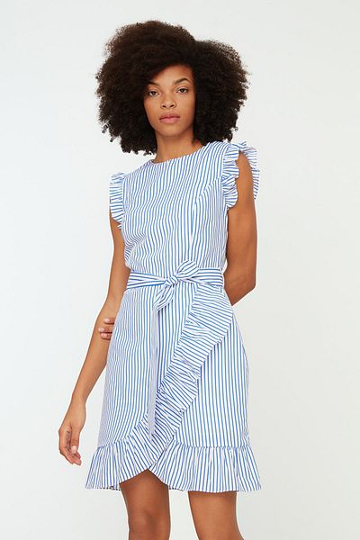 Trendyol Collection Modré pruhované mini tkané šaty áčkové linie TWOSS21EL1290