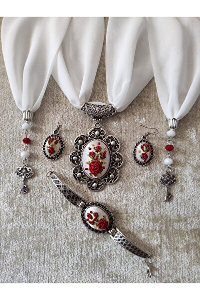 adilstore Scarf and Jewelry Set Brazilian Embroidery Embroidered Scarf Bracelet Ring and Earring Set