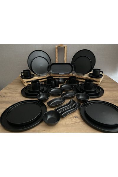 Demet Çeyiz Aksesuar Set Breakfast Stackable Matte Black for 6 People 37 Pieces