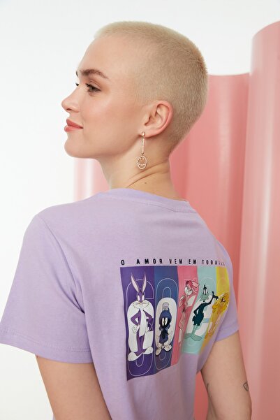 Trendyol Collection Tricou tricotat Looney Tunes Lilac Crop - Imprimare cu li...
