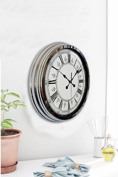 Kasva Concept Gift Decorative 40 cm Chrome Metal Pattern Wall Clock