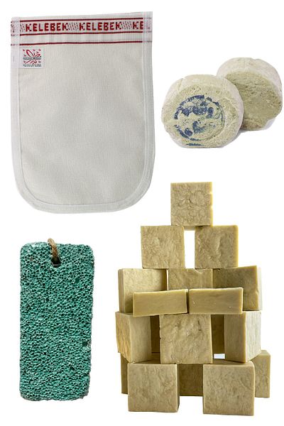 aktarix Bath Set 3 Molds Olive Oil Soap + Thick Pouch + Heel Pumice Stone + 2 Pieces of Rushur Stone