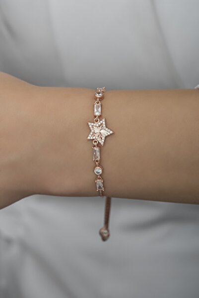 Nereze 925 Ayar Gümüş Asansörlü Baget Taşlı Rose Yıldız Bileklik