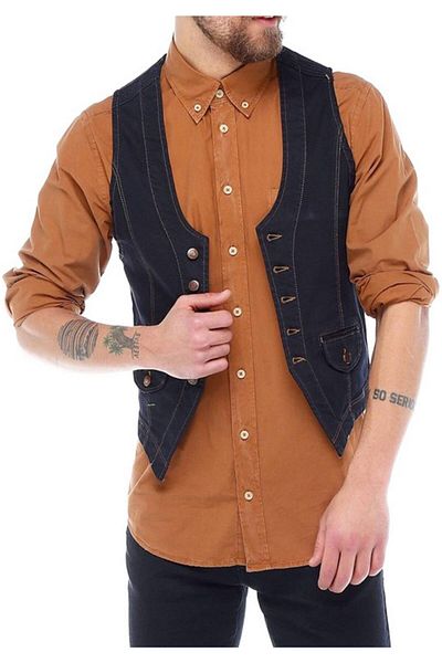 FBI Men's Navy Blue Slim Fit Metal Buttoned Denim Jeans Vest 6002-1001