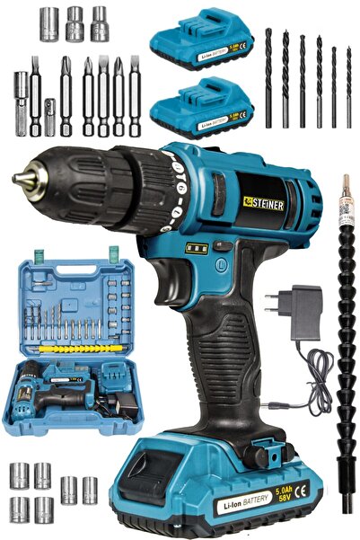 STEİNER Alman 58 V 5 Ah Darbeli Metal Şanzıman Çift Akülü Şarjlı Vidalama Matkap 24 Parça Setli Mavi