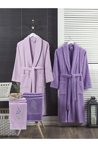 Valezium طقم رداء حمام من القطن المطرز مكون من 4 قطع