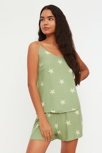 Trendyol Collection Σετ υφαντές πιτζάμες με πράσινο αστέρι σχοινί λουράκι βισκόζης THMSS20PT0295