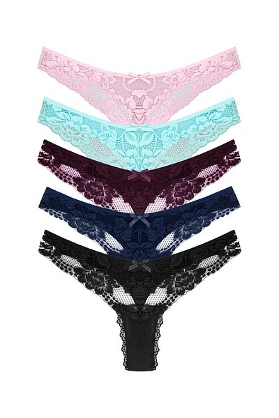 Zena 5-Piece Lace Detailed Cotton Thong Women's Panties