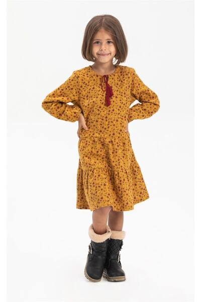 Eliş Şile Bezi Uzun Kol Pazen Alya Çocuk Elbise Çıtır Desen Hardal