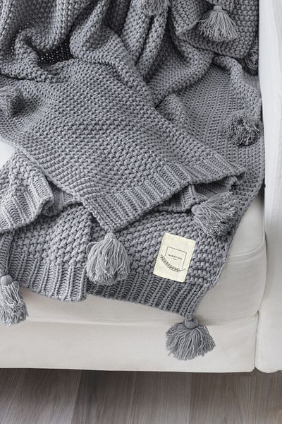 Miespiga Coco Rice Knit Pompom Knitwear TV Blanket Sofa Shawl Gray