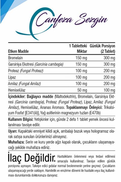 Canfeza Sezgin BROMELAİN PLUS 60 Tablet Sindirim Enzimleri Garsiniya Ekstresi