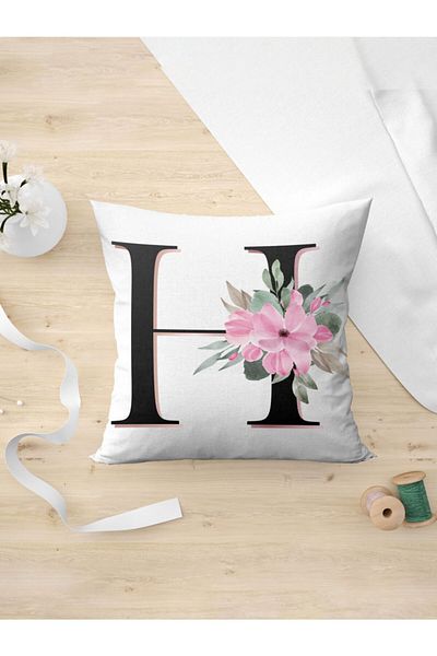 Panorama Ajans Letter H Initials Pink Floral Pillow Case