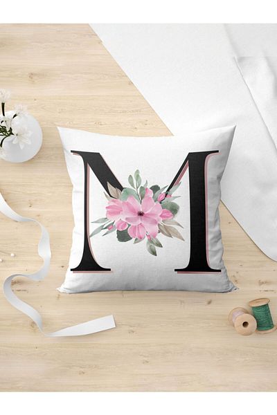 Panorama Ajans Letter M Initial Pink Floral Pillow Case