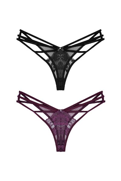 Zena 2-Piece Fancy Women's Thong Panties with Lace Front and Tulle Rope Detail on the Back