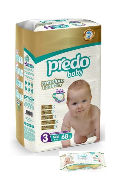 PREDO Premium Comfort Baby Diapers Size 3 68 Pieces + Wet Wipes 72 Pieces