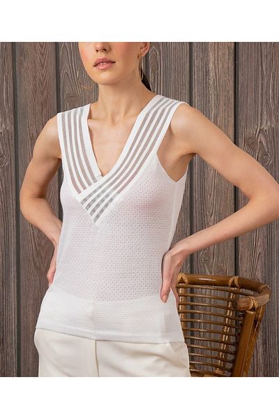 AQE FASHION Εκρού Αμάνικη Ριγέ Γυναικεία Μπλούζα