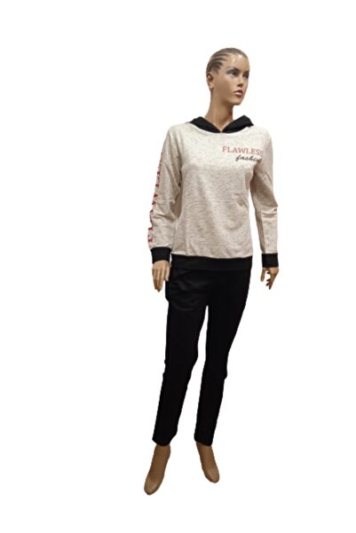 DOWRY Set de trening pentru femei, crem, negru, cu glugă, elastic la gleznă