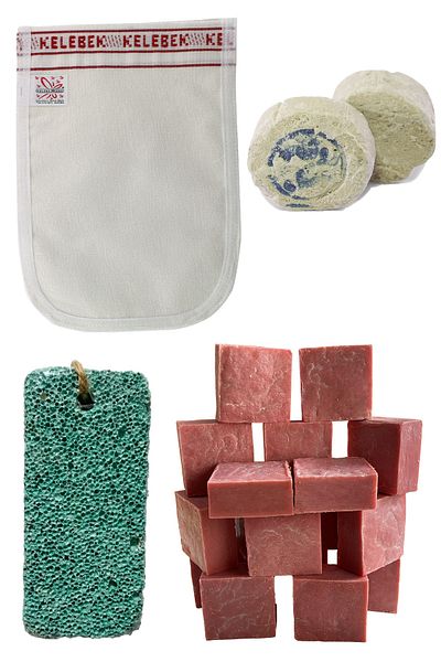 aktarix 4-Piece Bath Set 1 Mold Rose Soap + Thick Pouch + Heel Pumice Stone + 2 Pieces of Rushur Stone