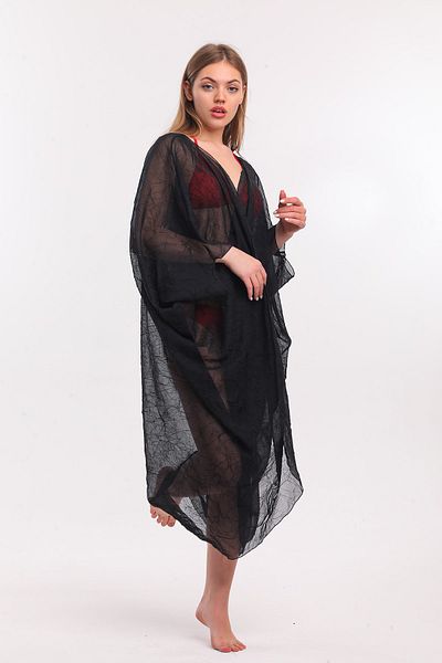 Sense Chiffon-Strandkimono | Elb33597 Schwarz Bestickt