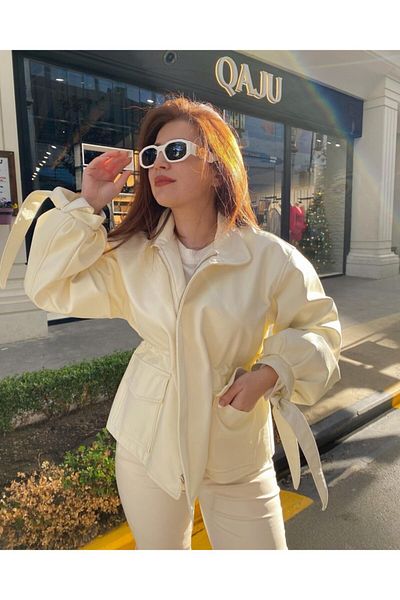 Qaju Faux Leather Ecru Jacket with Adjustable Waist Sleeve Detail