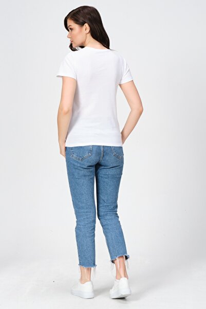 PUNKY CAT Women's White V-Neck Cotton Full Length Basic T-Shirt