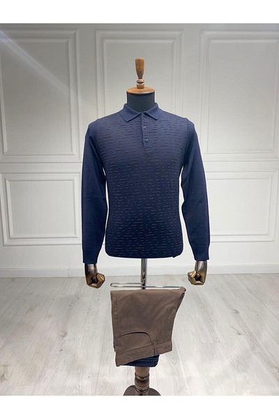 CCS Sarar Polo Neck Patterned Navy Blue Knitwear Sweater