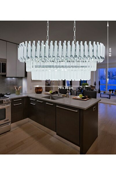 MATMAZEL AKSESUAR Avizade Roza Gümüş 75x35 Cm Lik Kristal Taşlı Lüks Avize