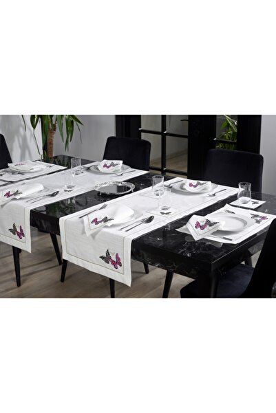 CASANUOVA Runner Moriposa Nakışlı Keten Efektli ( Krem Sim - Pembe )