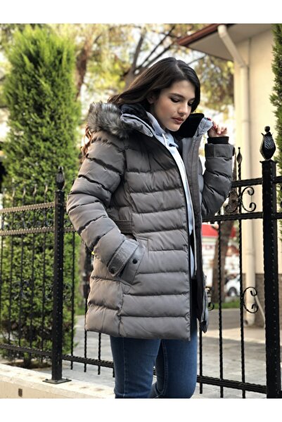 PIQUE Gray Hooded Fur Puffer Coat