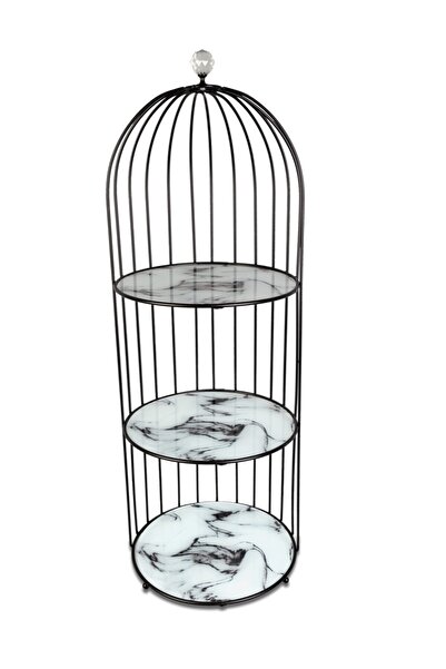 nilşah 3 Katlı 80cm Mermer Siyah Kristal Kafes Sunumluk