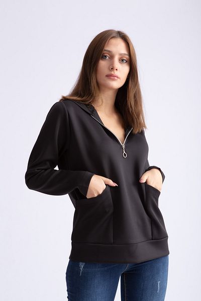 ubmbutik Hanorac negru cu jumătate de fermoar cu glugă din material de scufundări