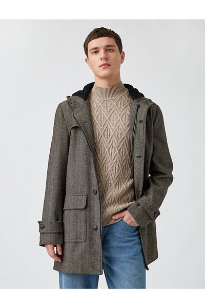 Koton Hooded Coat with Houndstooth Pattern