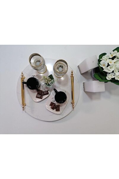 Başakmarble Quartz Marble Round Coffee Presentation Tray-metal Gold Handle