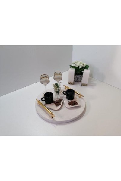 Başakmarble Quartz Marble Round Coffee Presentation Tray-metal Gold Handle