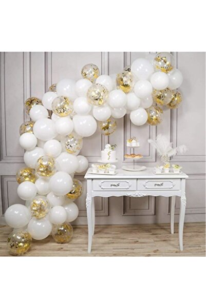 BalonEvi Rose Gold Beyaz Konfetili Zincir Balon Seti