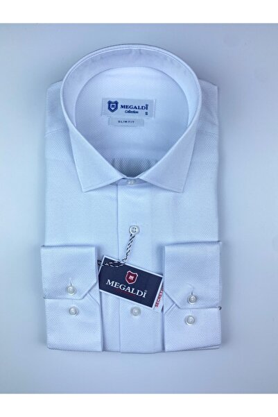 MEGALDİ Erkek Armürlü Beyaz Slim Fit Gömlek